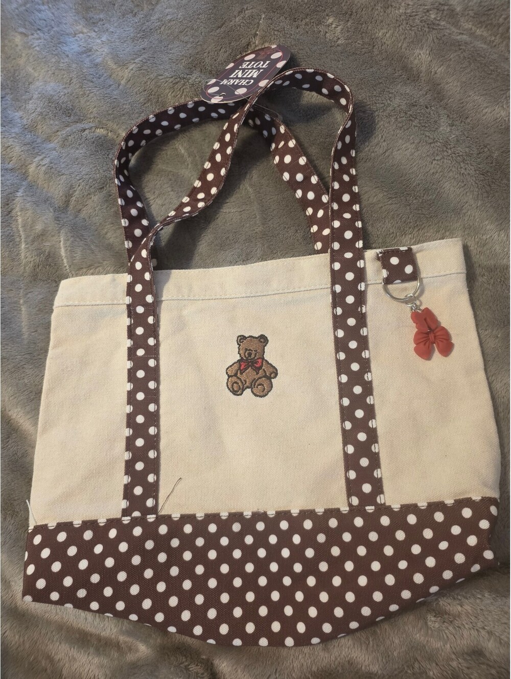 Canvas Tote Bag with Brown Polka Dot Trim and Teddy Bear Embroidery